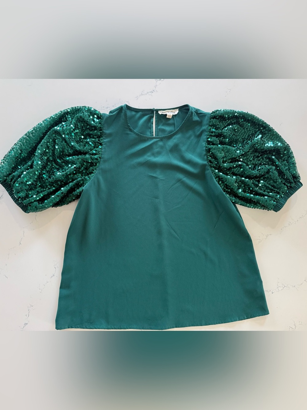 Vine & Love Teal Green Top with Sequin Puff Sleeves